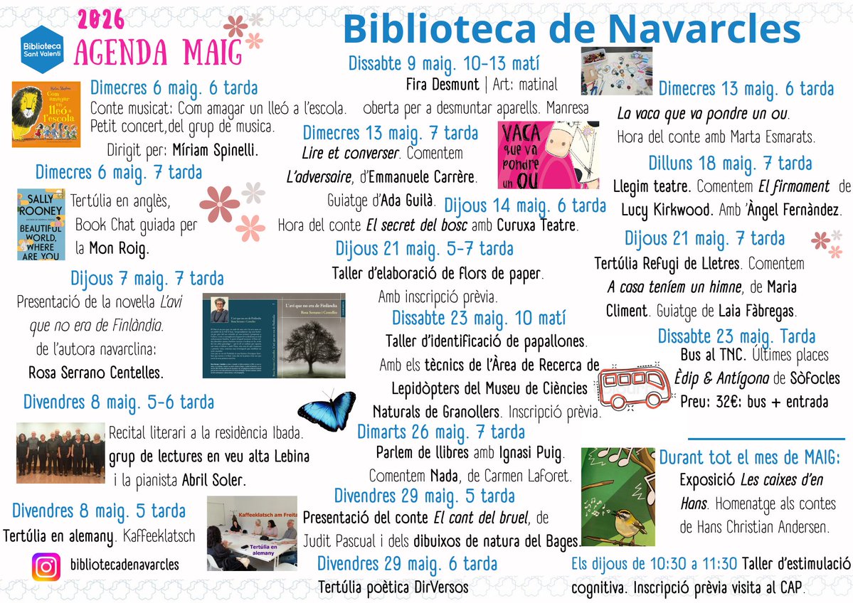 bnavarclessv's tweet image. Aquest maig no us perdeu cap activitat: 
Dimecres 6, un conte musicat 🎵 i el  #BookChat guiat per la @Monroig_poet 
Dijous 7,  presentem la novel·la de la Rosa Serrano amb @GuerreroClavel 
Divendres 8, recital del grup Lebina a la Resi de Navarcles + #kaffeklatsch  i non-stop...