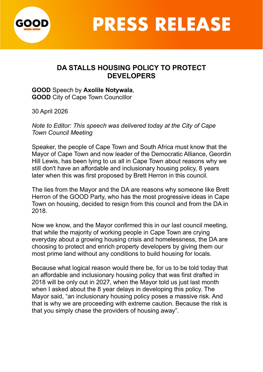 ForGoodZA's tweet photo. 🏘️ Housing for People, Not Profit! Today in Council, GOOD exposed how the DA has stalled Cape Town’s affordable housing policy for 8 years, protecting developers instead of residents.
Public land must serve the public good, not private gain.
#GOODParty #SpatialJustice #HousingJustice