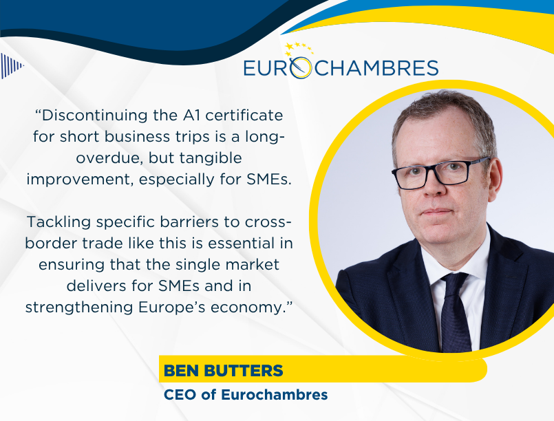 Eurochambres's tweet image. We welcome yesterday’s #COREPERI confirmation on discontinuing A1 certificates for short term business travellers and introducing a 3-day exemption for most cross-border service providers. This is a clear step towards a better functioning #singlemarket.

@CY2026EU @BenJButters
