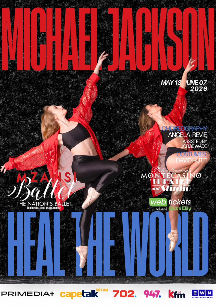 Monte_Theatre's tweet image. BOX OFFICE ALERT ‼️ 

Early-Bird tickets on sale NOW for Mzansi Ballet 🩰 MICHAEL JACKSON- Heal the World 🌍 

First performance at @MONTECASINOZA 13 May 7:30pm

Tickets at @webticketsSA 

#MichaelJackson
#ballet
#booknow