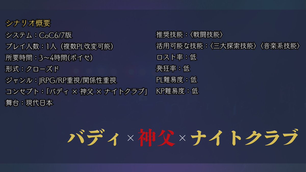 siga_TRPG's tweet photo. CoC 6th&amp;7th
『Runaway ROCK Hill』

🔍バディ×神父×ナイトクラブ

✨離れ離れのバディの物語

▶️ボイセ3~4h
▶️部屋ZIP&amp;立ち絵付
▶️KPC有りタイマン/複数PL改変〇

刑事、探偵、アウトロー、大学生など職業不問！

#エウレカ_スプリング2026_Stella
#エウレカ_スプリング2026

https://t.co/nXGBEfO2fQ https://t.co/gvC4CfJTDH
