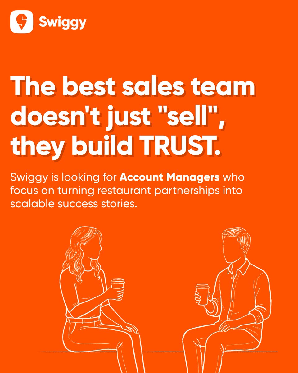 WeAreSwiggy's tweet photo. We're looking for #SalesManagers, #KeyAccountManagers, and #StrategicAccountManagers who bring unique perspectives to Swiggy.
We are #hiring across India, including Tier 2 and Tier 3 cities. Ready to lead the way? Apply via the link in the comments. https://t.co/gb7CnTC1qf https://t.co/R0YhRwA6CU
