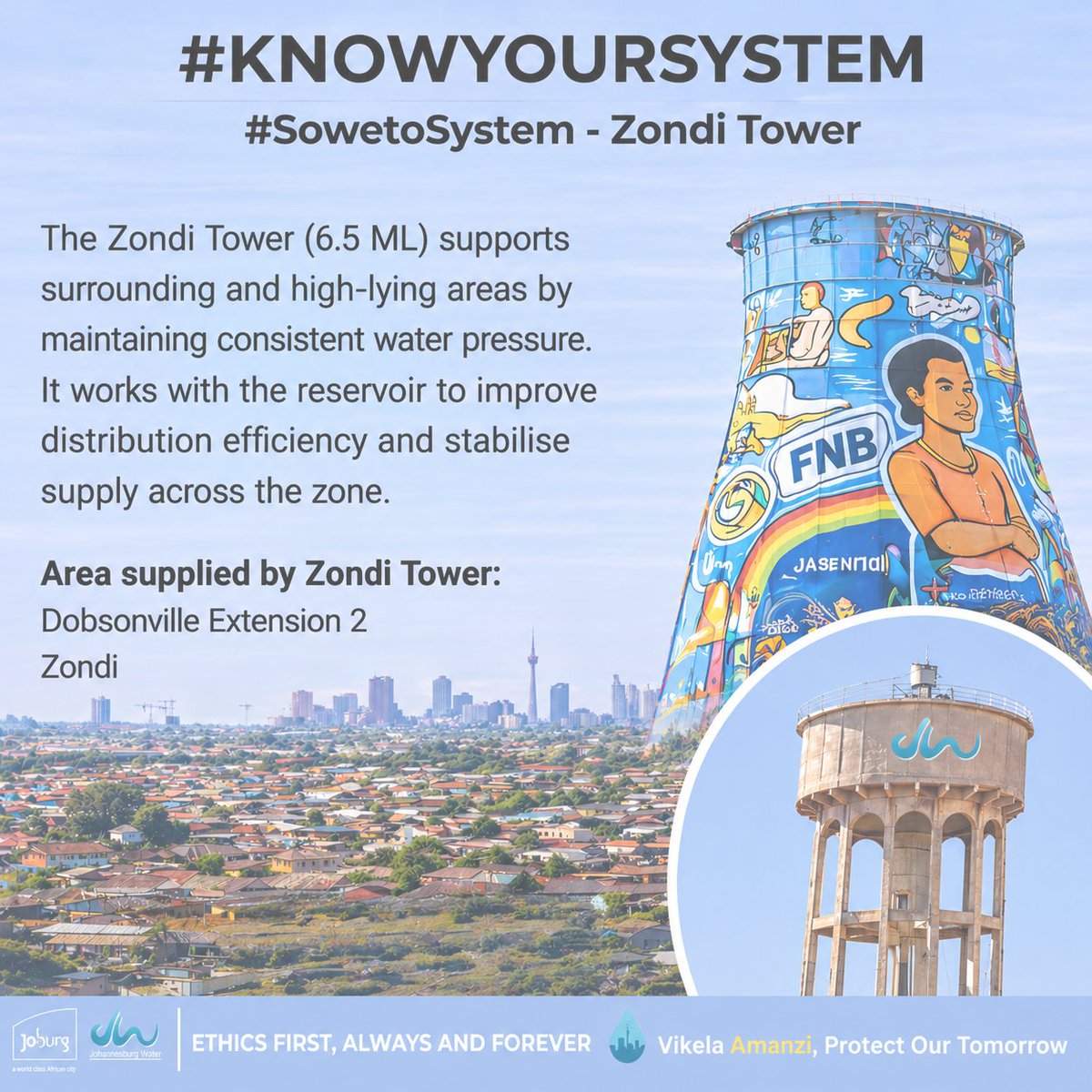 JHBWater's tweet photo. #KnowYourSystem | Zondi Reservoir &amp; Tower

Part of the #SowetoSystem, currently throttled due to high demand to maintain stable supply. 

Our systems are connected — your actions matter.  

Vikela Amanzi. Protect Our Tomorrow. 
#WeServeJoburg
^LM https://t.co/ZsbuyXmiIG