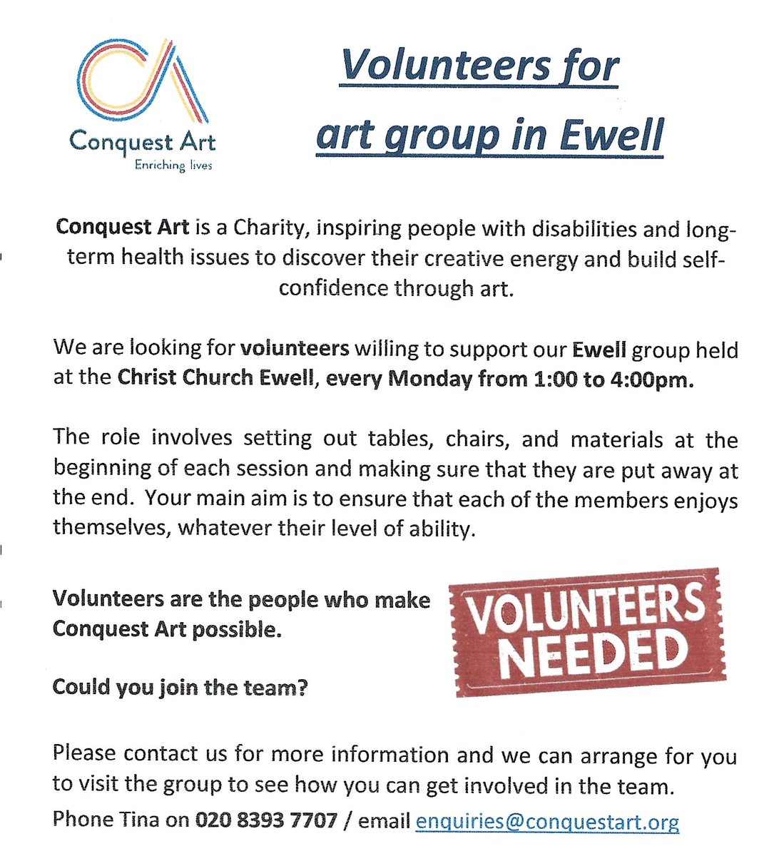 ConquestArt's tweet photo. We need volunteers for our Ewell and Woking art groups.  Please get in touch if you would like to find out more... https://t.co/wvuzKTi7bL