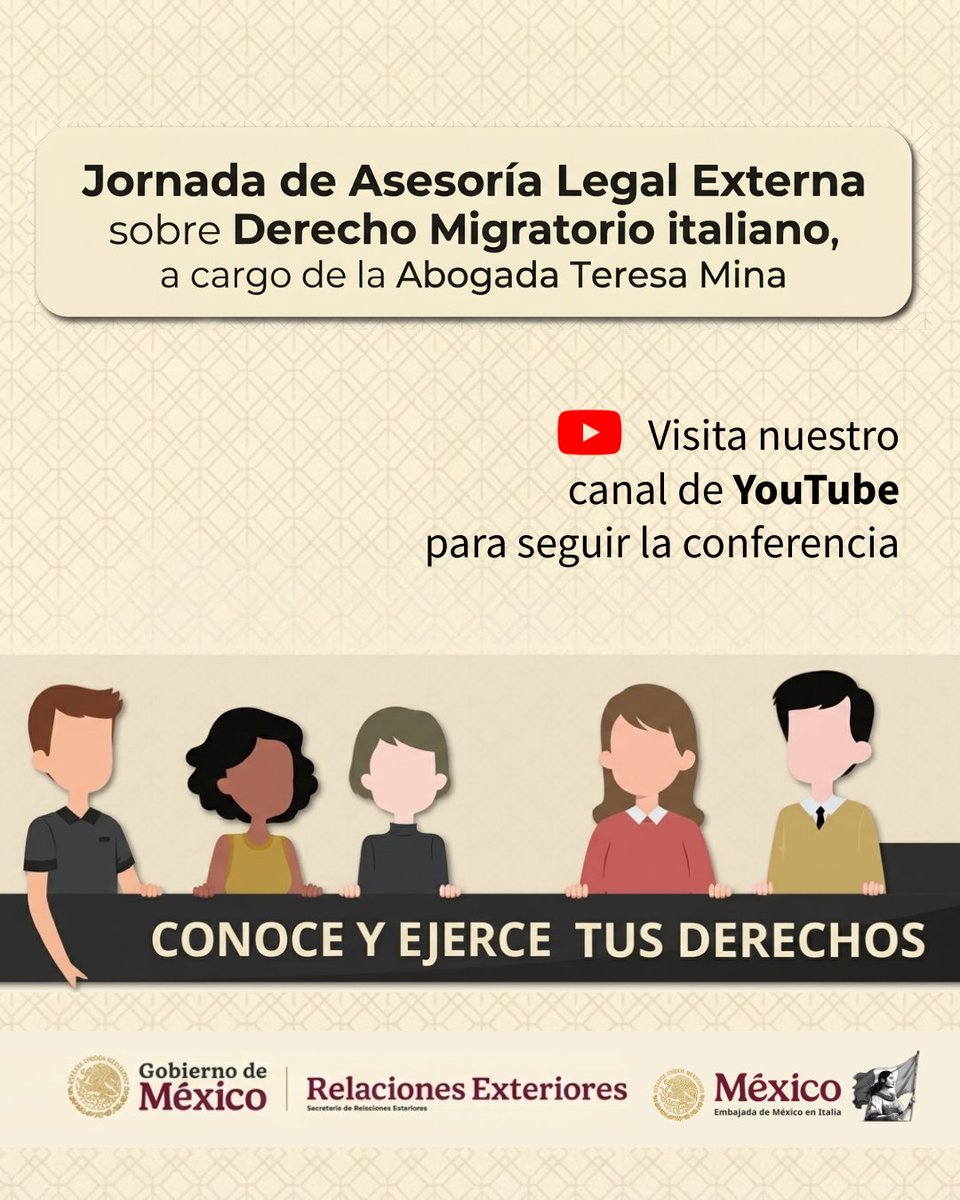 EmbaMexIta's tweet photo. ¿Vives en Italia y tienes dudas sobre temas migratorios? 🇮🇹📄
Conéctate a nuestra Jornada de asesoría legal externa sobre derecho migratorio italiano, impartida por la abogada Teresa Mina.
💻 Sigue la conferencia aquí:
https://t.co/ft4Jc1ZLG5
⚠️ #ConoceyEjerceTusDerechos https://t.co/l6uEaLRqKk