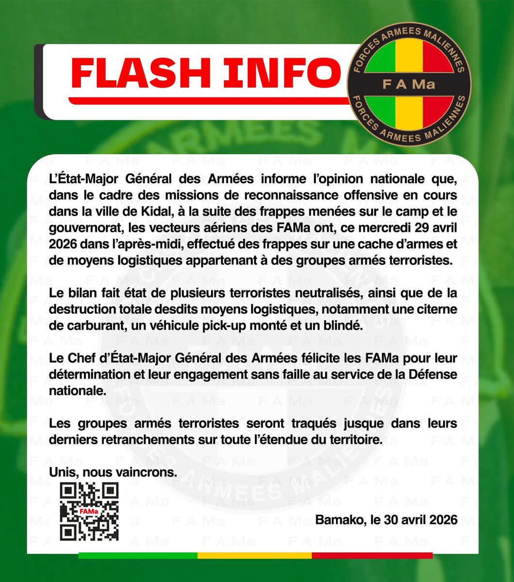 konate90's tweet photo. Bilan : « plusieurs terroristes neutralisés, ainsi que de la destruction totale desdits moyens logistiques, notamment une citerne de carburant, un véhicule pick-up monté et un blindé. »
#Bèki_Takè #Kidal https://t.co/cACyE30trq