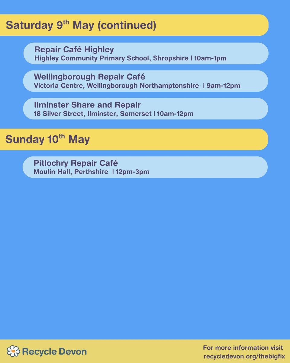 RecycleDevon's tweet image. The Big Fix 2026 is here! 🤩

Here’s the lowdown on this week’s events, taking place across the UK 👇

To find more events happening throughout the month, head to: recycledevon.org/thebigfix

#thebigfix #repaircafe #Reuse