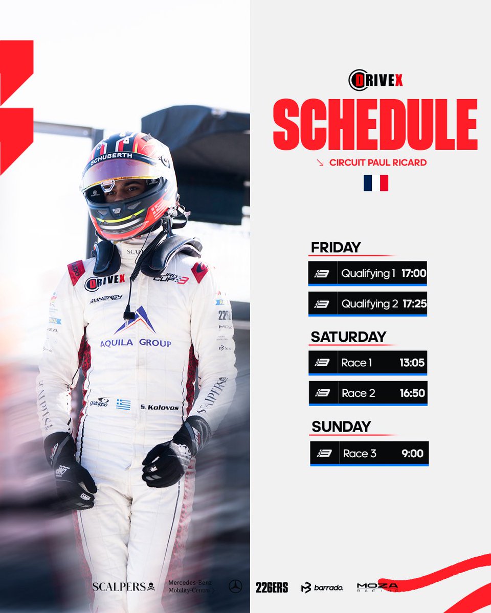 DrivexTeam's tweet photo. @Eurocup_3 first-round fixtures ⏰🔛

À bientôt au @circuitpaulricard 🇫🇷🙋🏻‍♂️

#Drivexteam #Drivex #EC3 https://t.co/ej1YT2AmRU