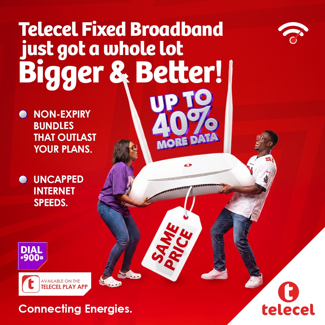 TelecelGhana's tweet photo. BIG NEWS. Go bigger and better with Telecel Fixed Broadband. Enjoy non-expiry bundles, uncapped internet speeds, and up to 40% more data. Walk into any retail shop, visit our website, dial the prompt, or get it on the Telecel Play App today to sign up.