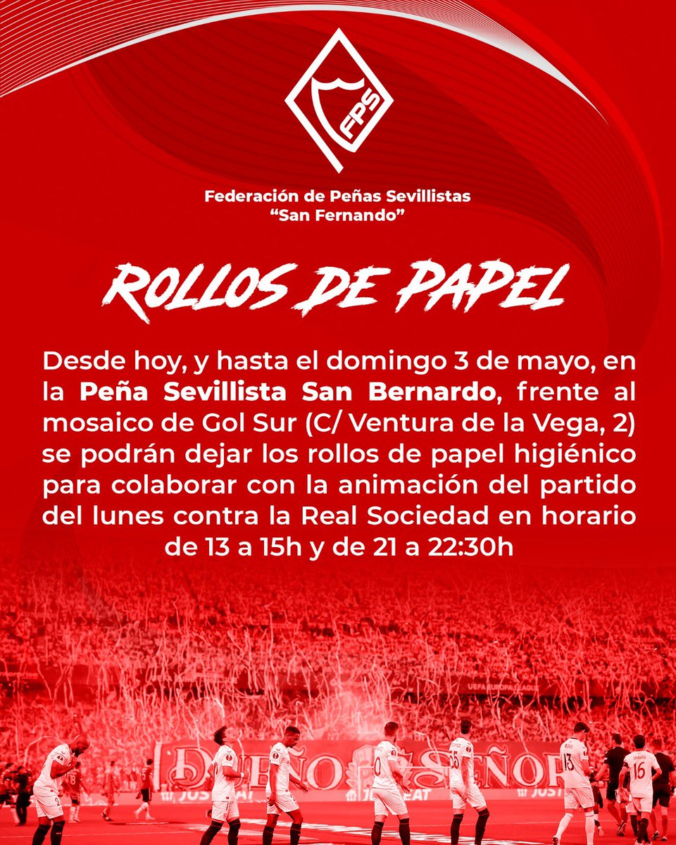 📣 Desde hoy hasta el domingo 3 de mayo en la Peña San Bernardo (frente al mosaico de Gol Sur, C/Ventura de la Vega, 2) se podrán dejar rollos de papel higiénico para la animación del partido del lunes frente a la Real Sociedad. 

🕒 Horario: 13–15h y 21–22:30h.