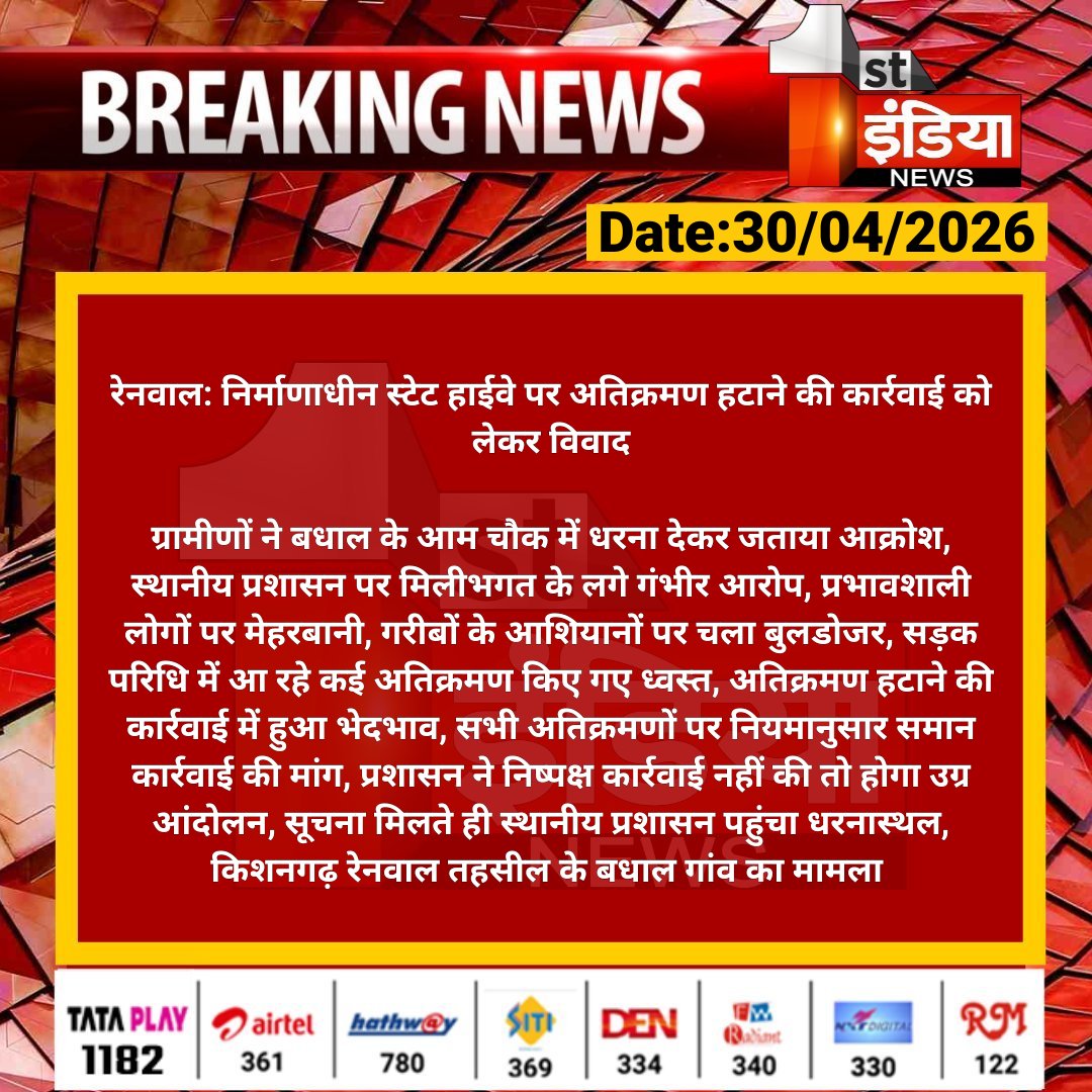 1stIndiaNews's tweet image. #Jaipur #रेनवाल: निर्माणाधीन स्टेट हाईवे पर अतिक्रमण हटाने की कार्रवाई को लेकर विवाद

ग्रामीणों ने बधाल के आम चौक में धरना देकर जताया आक्रोश, स्थानीय प्रशासन पर मिलीभगत के लगे गंभीर आरोप...

#RajasthanWithFirstIndia @JprRuralPolice
