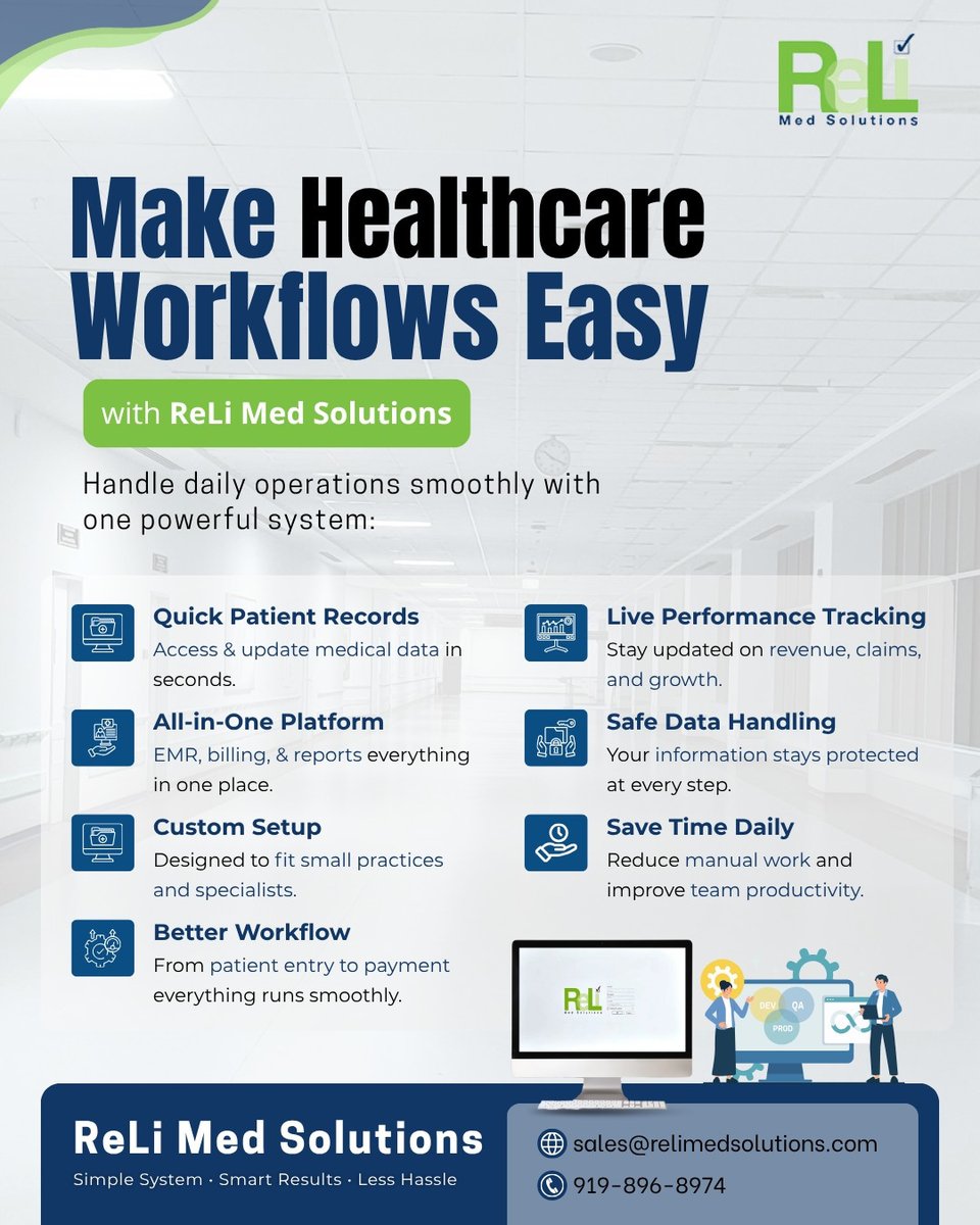 Relimed's tweet image. Managing daily healthcare work doesn’t have to feel complicated.

With ReLi Med Solutions, you can handle records, billing, and tracking all in one place—easily and smoothly.

📞 (919) 896 8974

 #MedicalBilling #HealthcareSolutions #MedTech #ClinicManagement
 #ReLiMedSolutions