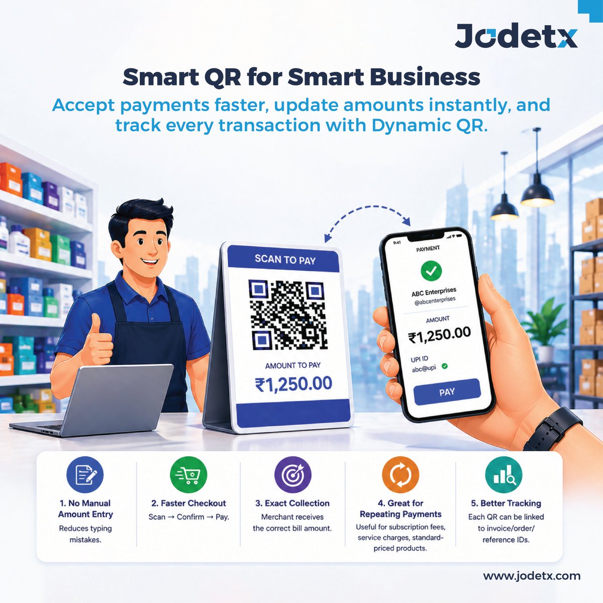 Jodetx_tech's tweet image. Smart business starts with smart payments. 🚀
Accept faster, collect exact amounts, and track every transaction seamlessly with Dynamic QR. Scan. Pay. Grow.💙

#DynamicQR #SmartBusiness #DigitalPayments #UPI #CashlessIndia #BusinessGrowth #QRCodePayments #FintechIndia