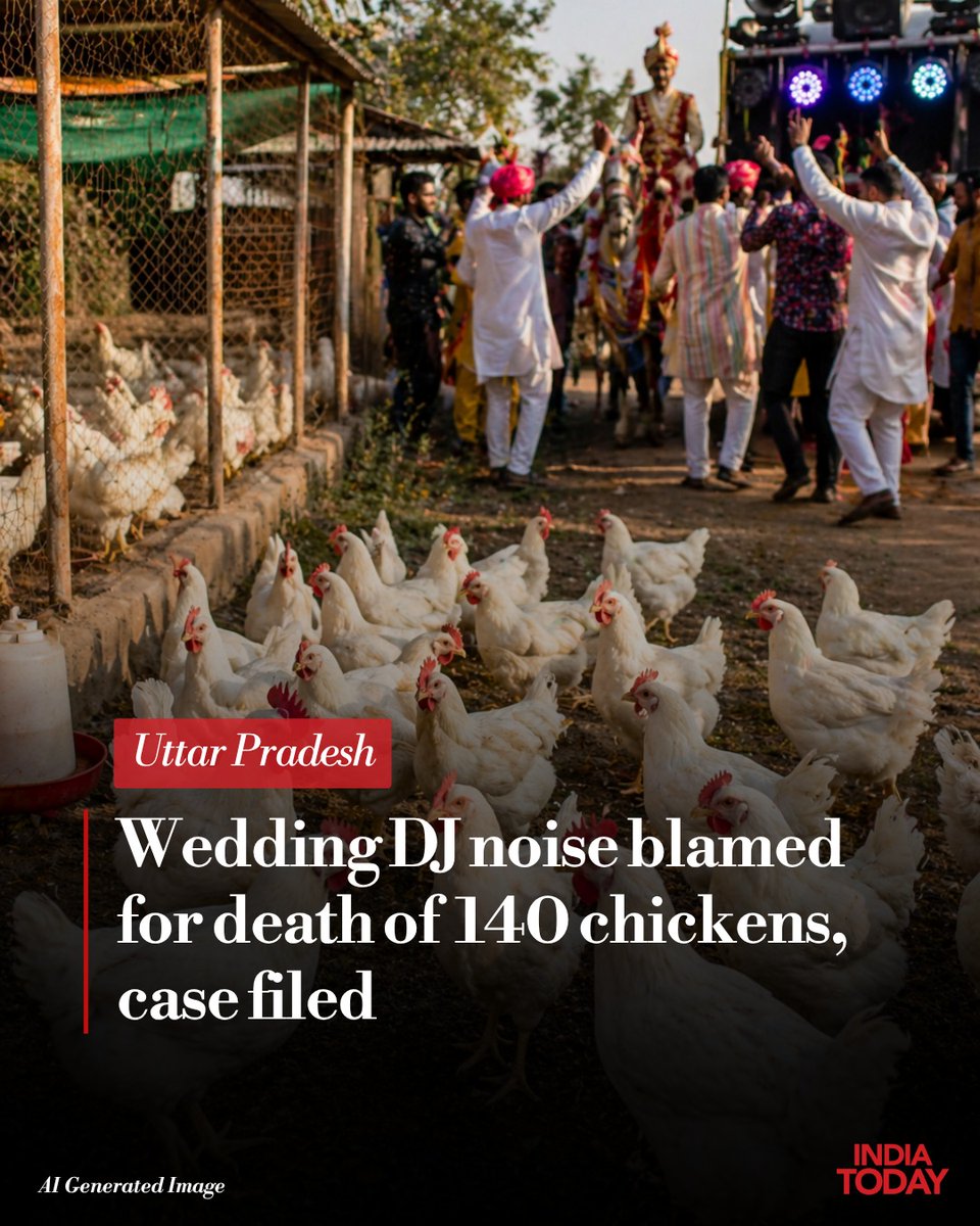 IndiaToday's tweet image. A bizarre incident in Uttar Pradesh’s #Sultanpur has sparked concern after a wedding procession allegedly led to the death of 140 #chickens at a nearby #poultry farm. The incident took place when a baraat passed through #Dariyapur village with high volume #DJ music, triggering