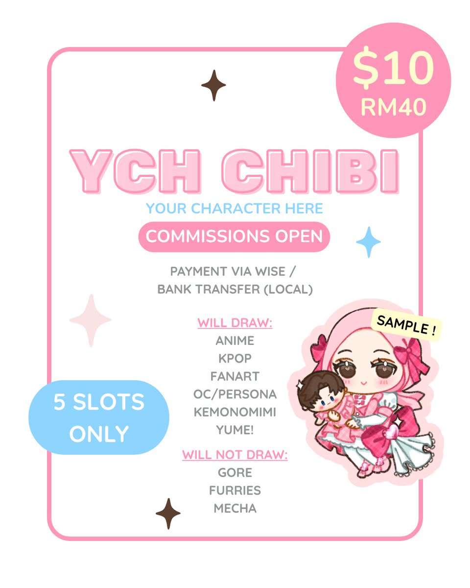 afiqahwing's tweet photo. 𑣲⋆｡˚ Helloo I'm opening "Your Character Here" chibi commissions~! 

⭐️5 Slots only!

𐔌՞ ܸ.ˬ.ܸ՞𐦯 Please check my TNCs (in reply)
If you're interested, you may fill in this form: https://t.co/fstJdIkG3y

*Will update once all slots are full~!
Thank you! ✧｡٩(ˊᗜˋ )و

1/2 https://t.co/273zAVb9ax
