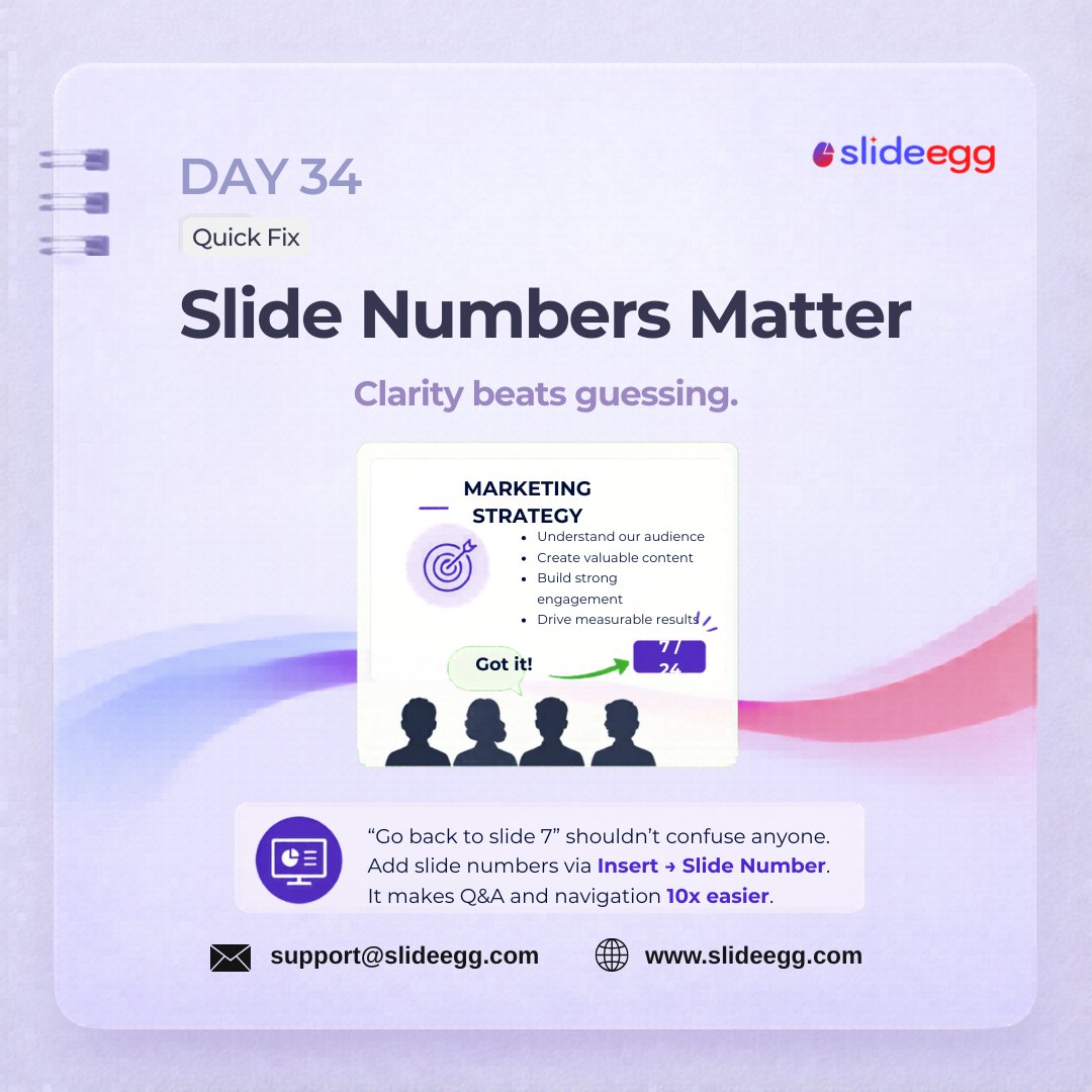 egg_slide's tweet image. 📊 Day 34 — Quick Fix That Changes Everything!

🔢 Nobody wants to say "go back to... umm... that slide about marketing?"

Add slide numbers. Right now. Insert → Slide Number. Done. ✅

Your audience will thank you 🙏

#PresentationTips #SlideEgg #PowerPoint #QuickFix
