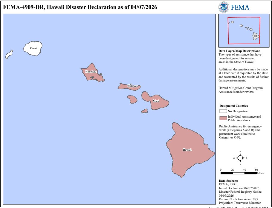 FEMA has issued a Major Disaster Declaration for areas of Hawaii affected by a Kona low weather system.  hubs.ly/Q04d_Mt40

#SafeguardProperties #FEMA #Hawaii #KonaLowWeatherSystem #IndividualAssistance #PropertyPreservation #MortgageFieldServices #PublicAssistance