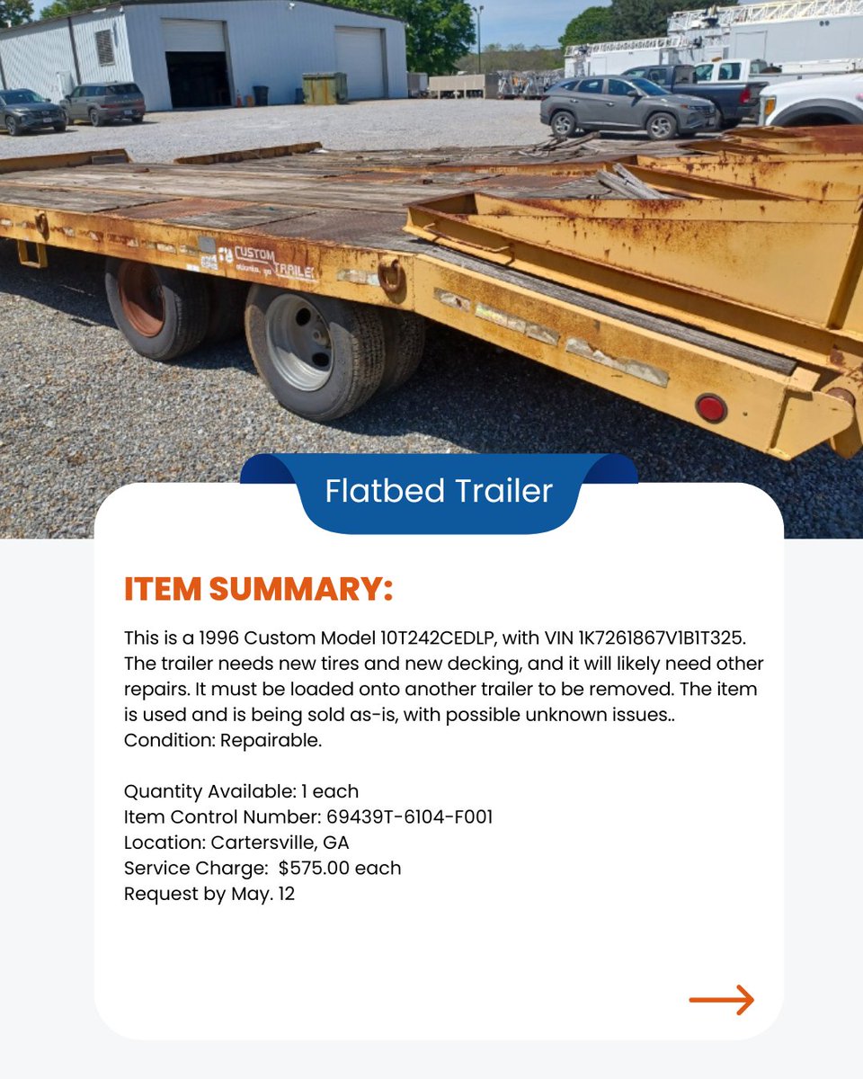 GAStateSurplus's tweet photo. Request this Flatbed Trailer from GA DOAS Surplus by May 12! Email doasfedsur@doas.ga.gov with item name, quantity, and contact info. Must be enrolled in the GA Surplus Property Program. #SurplusProperty #GeorgiaDOAS #FlatbedTrailer https://t.co/lDatr0lUVd