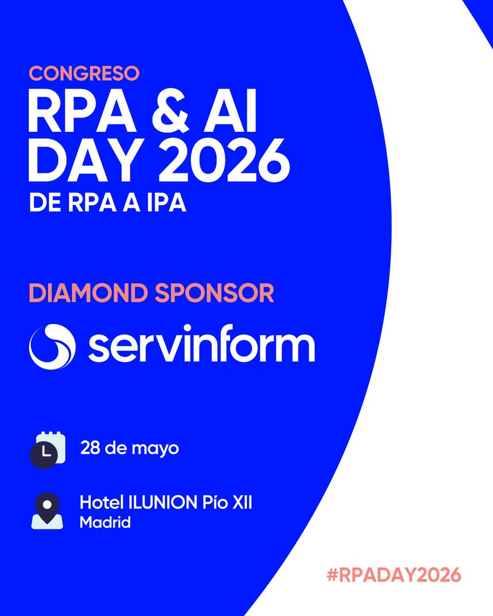 Servinform's tweet image. 📢 ¡Falta un mes!
El próximo 28 de mayo formaremos parte del evento de referencia en la automatización inteligente en España: llega el RPA &amp;amp; AI Day de @iKN_Spain. 

¡Consigue tu invitación!
👉🏻 ikn.es/inscripcion-rp…

#Servinform #SmartBusiness #RPADay2026