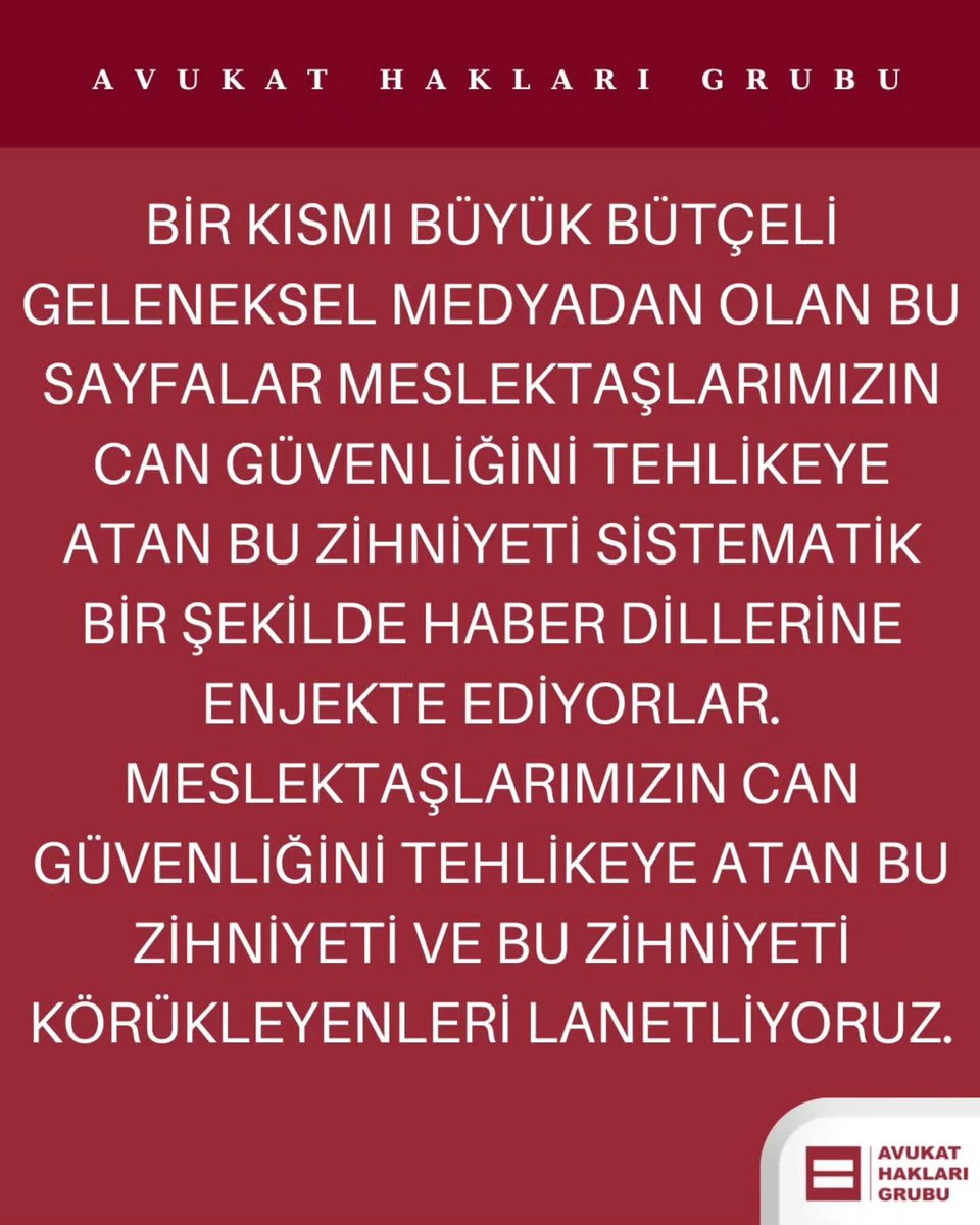 AvukatHG's tweet photo. 🚨 MESLEKTAŞIMIZIN KATLEDİLMESİNİ MEŞRULAŞTIRAN HABER DİLİNİ KABUL ETMİYORUZ!

Bursa'da alçakça katledilen meslektaşımız Av. Hatice Kocaefe'nin derin üzüntüsünü yaşarken, medya organlarının kullandığı hedef gösteren sorumsuz dili esefle kınıyoruz.

Görsellerdeki birçok X (Twitter) paylaşımında açıkça görüldüğü üzere; aralarında büyük bütçeli geleneksel medya kuruluşlarının ve geniş ulaşımlı dijital haber ağlarının da bulunduğu sayfalar, cinayetin sebebini "takibi/davayı geri çekmeme" şeklinde gerekçelendirerek haberleştirmiştir.
Bu skandal ifadelerle; kamu görevini icra eden meslektaşımızı öldüren katil veya avukatları korumak için önlem almayanlar değil, aksine sadece görevini ifa eden meslektaşımız suçlanmaktadır!

Sistematik bir şekilde haber dillerine enjekte edilen bu zihniyet, meslektaşlarımızın can güvenliğini doğrudan tehlikeye atmakta ve avukatlara yönelik fiziksel şiddeti körüklemektedir. Cinayetin sebebi, avukatlık mesleğinin icrası olarak gösterilemez!

İlgili tüm haber sayfalarını derhal bu vahim hatadan dönerek metinlerini düzeltmeye ve tüm hukuk camiasından özür dilemeye davet ediyoruz. Aksi takdirde, gerekli tüm hukuki yollara başvuracağımızı kamuoyuna saygıyla bildiririz.

İlgili Kurum ve Hesaplar:
@milliyetcomtr @turkiyegazetesicomtr @ensonhaber @Haberlercom @onediocom @gundemedairhs @pusholder @Haber @solcugazete @bosunatiklama 

#AvukatHaklarıGrubu #AvukatHakları #AvukataŞiddeteSon #AvukatlarınAvukatıyız