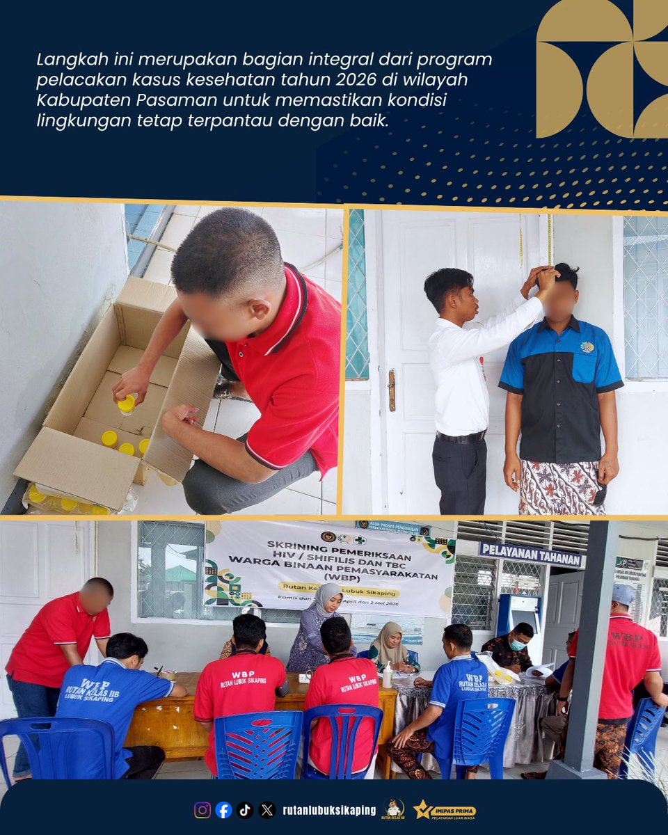 rutanlusika's tweet image. Prioritas Kesehatan: Rutan Kelas IIB Lubuk Sikaping Laksanakan Skrining Masif HIV, Sifilis, dan TBC

#imipasprima #kemenimipas #guardandguide #infoimipas #pemasyarakatan