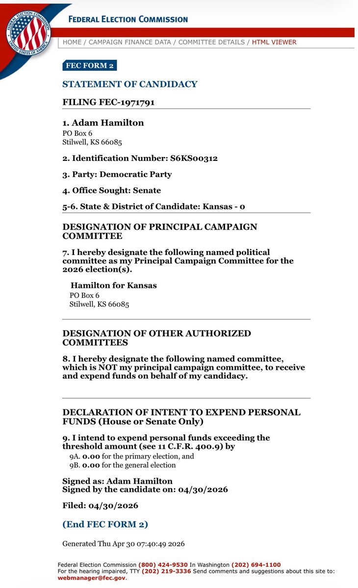 JohnHoltNews's tweet image. UPDATE: @FEC filings confirm @RevAdamHamilton  will seek @RogerMarshallMD Senate seat as a Democrat. Formal announcement in Prairie Village at 9:30am. #Senate #KSleg