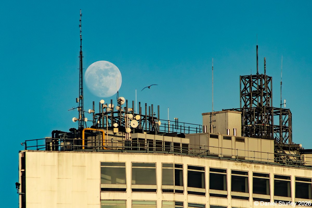 Daniel_Sturley's tweet image. #Birmingham UK, an almost full #moon joins the clutter atop Alpha Tower yesterday evening 😎 

#BirminghamWeAre #Rising