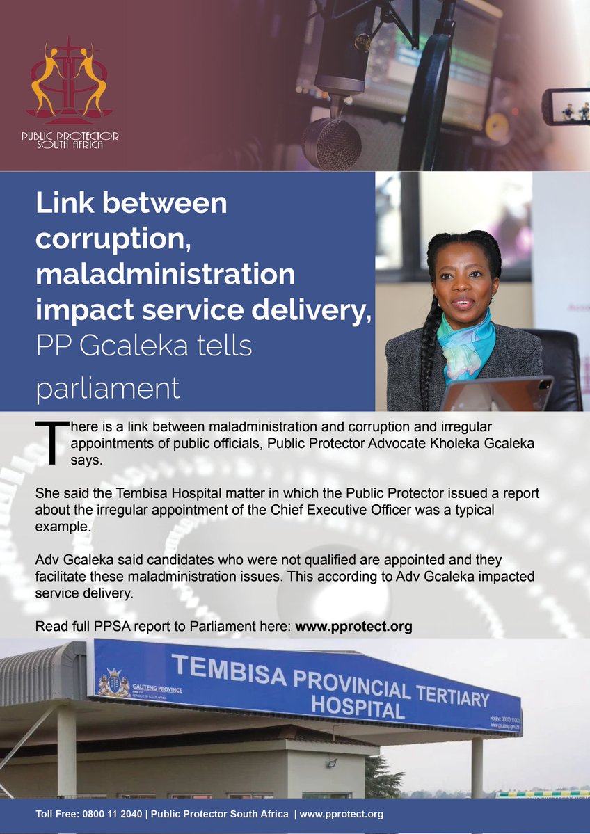 PublicProtector's tweet image. Link between corruption, maladministration impacts service delivery, PP Gcaleka tells Parliament 

#ethics #maladministration #Corruption #integrity #responsiveness