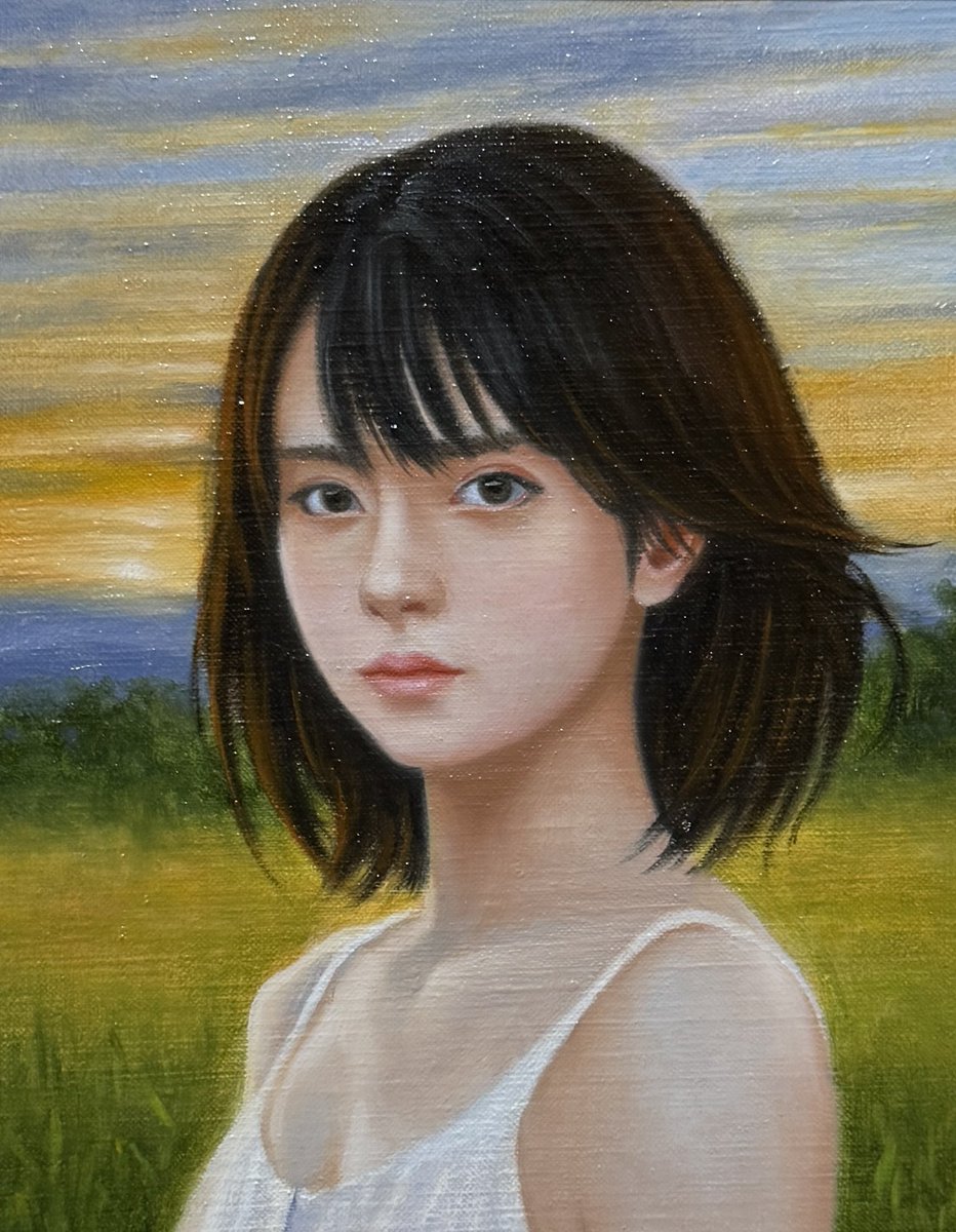 絵画　油彩画　女性　塩見恭央　「Good bye summer2 ミズキ」 春灯」 M3 2026 #oilpainting #油彩画 #油絵が好き #写実絵画 人物画