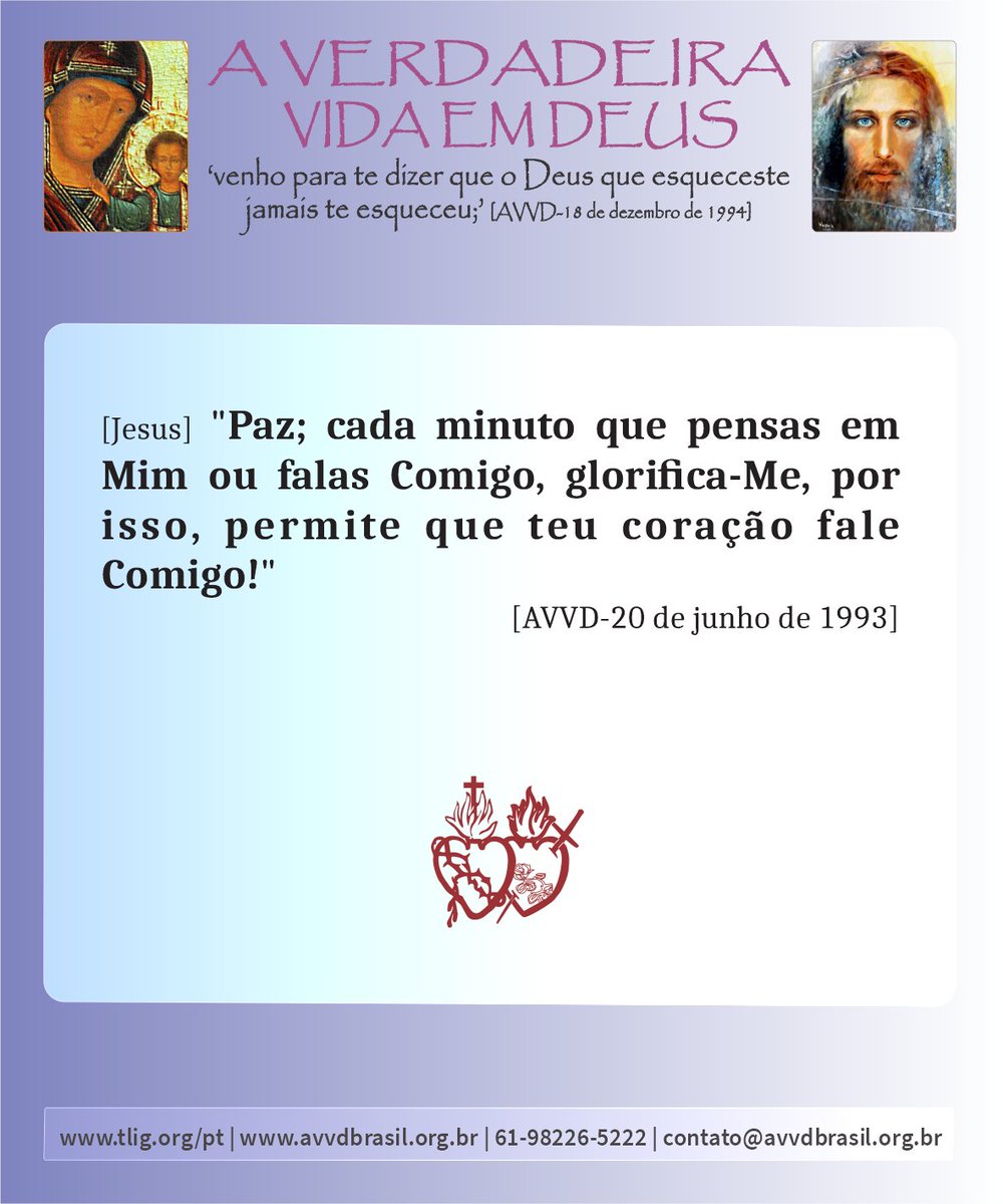 Geciel's tweet image. Data: 30/04/2026
MARATONA COM JESUS: *Permite que Teu Coração Fale Comigo* [AVVD-20 de junho de 1993]
(completa) aqui: mensagens.avvdbrasil.org.br/mensagem.php?i…
(em inglês) aqui: ww3.tlig.org/en/messages/812
Liturgia diária: liturgia.cancaonova.com
#DeusEAmor | #GodIsLove | #UnificaDatasPascoaSenhor