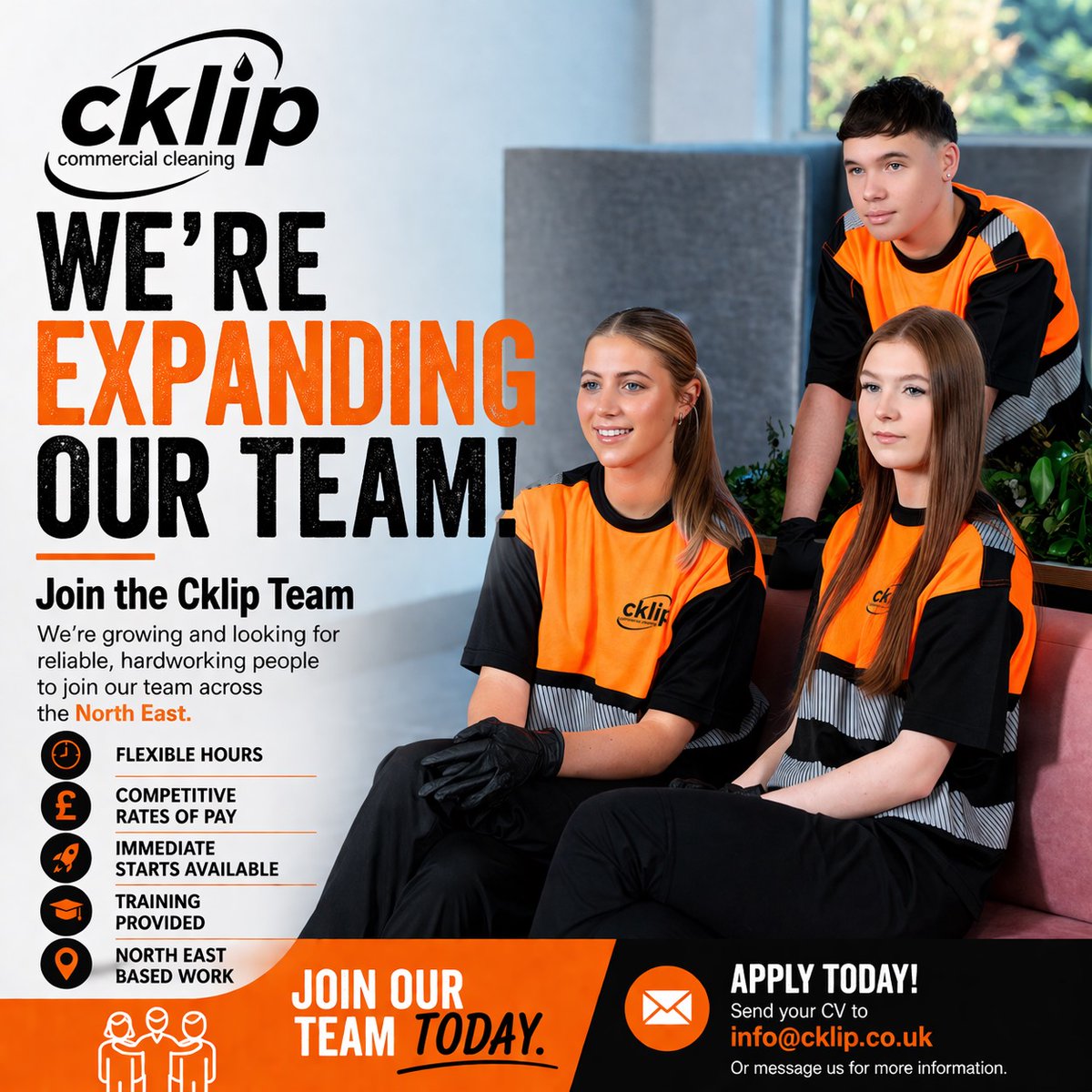 We’re expanding our team.

At Cklip Commercial Cleaning, we’re looking for reliable, hardworking people to join our growing team across the North East.

Interested? Send your CV to info@cklip.co.uk or message us for more information.

#Hiring #NorthEastJobs #CommercialCleaning