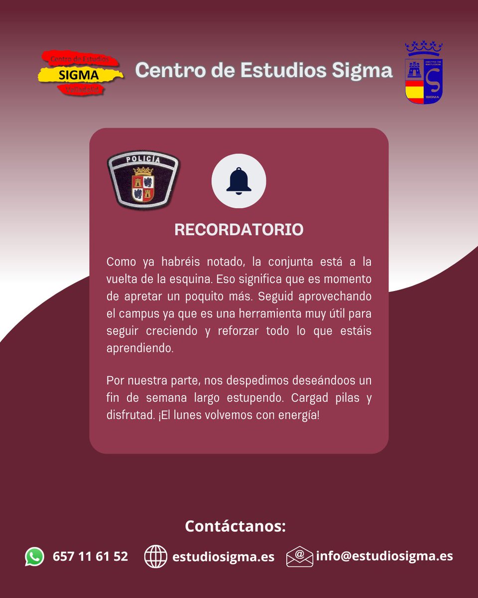EstudiosSigma's tweet photo. Descansad pero también aprovechad este fin de semana largo para estudiar y hacer uso del campus😊

#estudiosigma #valladolid #campusvirtual #policialocal #conjuntacyl https://t.co/76dQQIzmDa