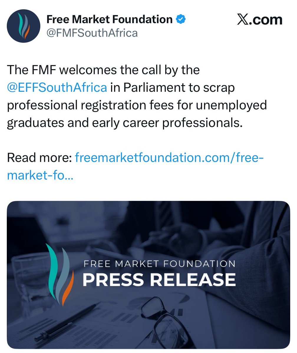 SihleLonzi's tweet photo. I consider the Free Market Foundation to be very liberal and centre-right.

I am surprised that they agree with the superior logic of the EFF on the Scraping of Registration Fees for Unemployed Graduates/Professionals.

Victory is near for all Young Professionals in South Africa!

https://t.co/lG8zYgZZtl