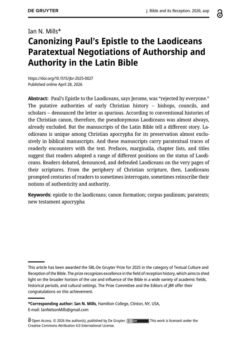 IanNelsonMills's tweet photo. Open Access Publication! 

My essay. "Canonizing Paul's Epistle to the Laodiceans," won this year's DeGruyter-Brill Prize and, as of today, is available open access. 

I'm really proud of this one. 

You can download here:
https://t.co/D65zWbNSM2 https://t.co/U9eApFkETg