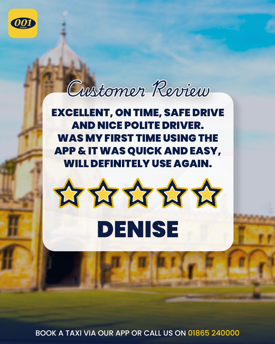 001Taxis's tweet image. "Excellent, on time, safe drive"
5⭐review from Denise!
For reliable, on-time service in Oxford, trust 001 Taxis - your ride, your way, every time.
📲Download our app - onelink.to/001taxiapp
📞Call us - 01865 240000
#001Taxis #Oxford #5StarReview