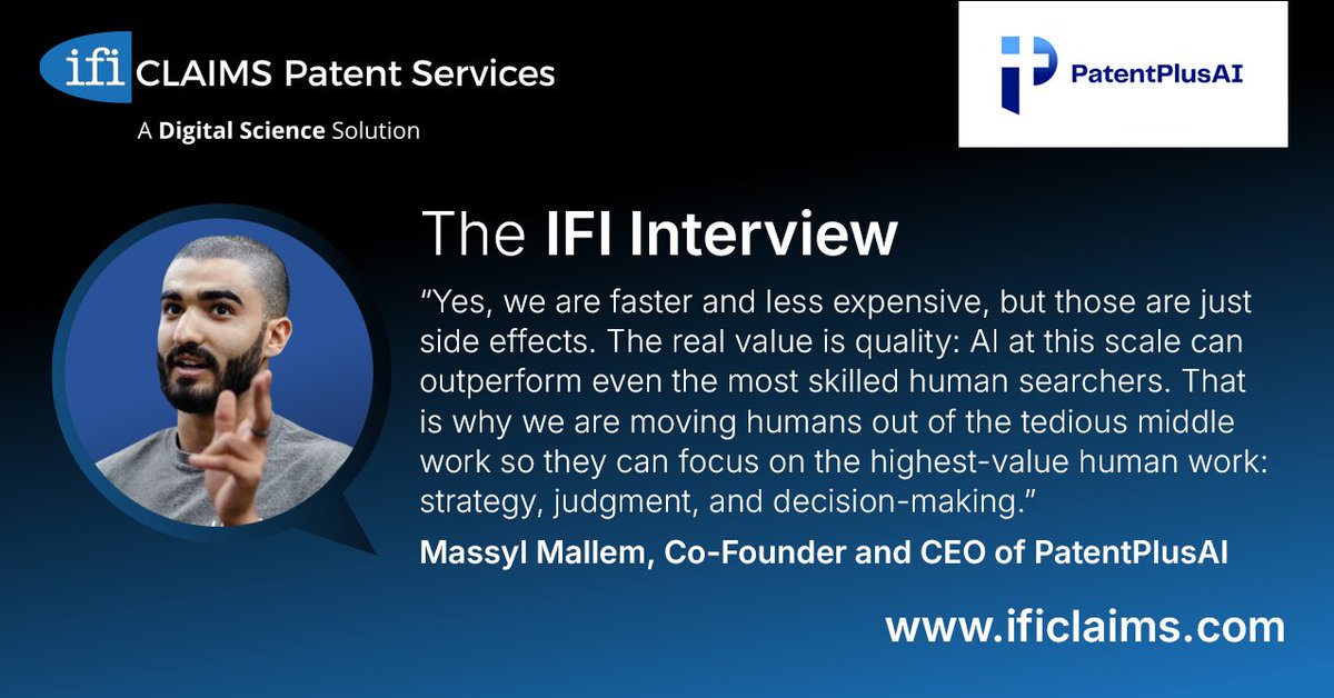 IFICLAIMS's tweet photo. 180 million patent records. Humans can only search so many.

The new IFI Interview is live with Massyl Mallem of PatentPlusAI on autonomous AI search, the 10-80-10 rule, and why quality is the real value prop.

Full interview: https://t.co/0zSYnAp3pM

#PatentSearch #IPTech #AI https://t.co/oWvTAY6i1z
