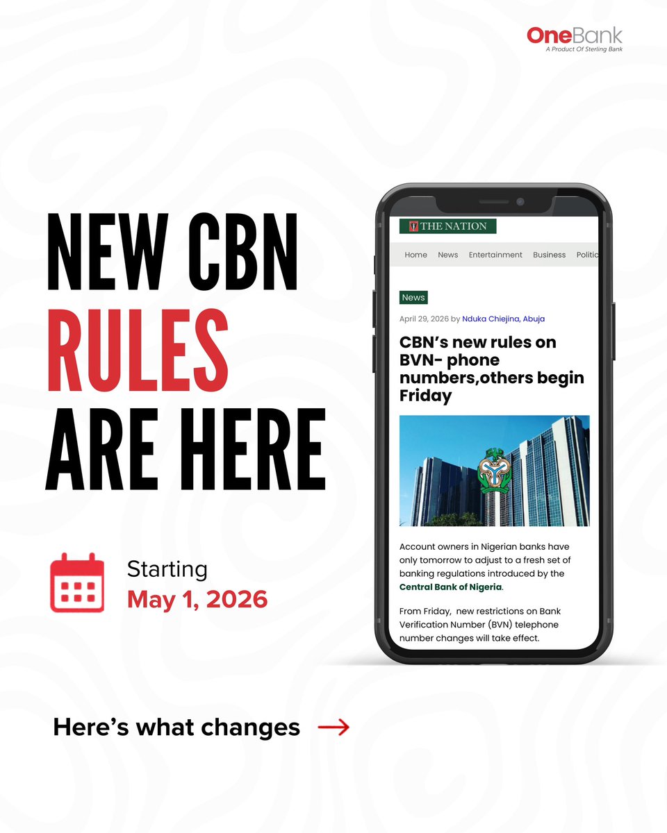 OneBankNG's tweet photo. New BVN guidelines take effect tomorrow (1st May 2026), and they’ll affect the way you bank moving forward.

Here’s what’s changing:
* One device per time for mobile banking 
* Limited changes to BVN-linked phone numbers
* New devices may have temporary limits

If your BVN details aren’t up to date, you could run into major issues.
Update it NOW before it becomes a problem. 🧏🏽‍♂️

#BVN #BVNUpdate #OneBank
