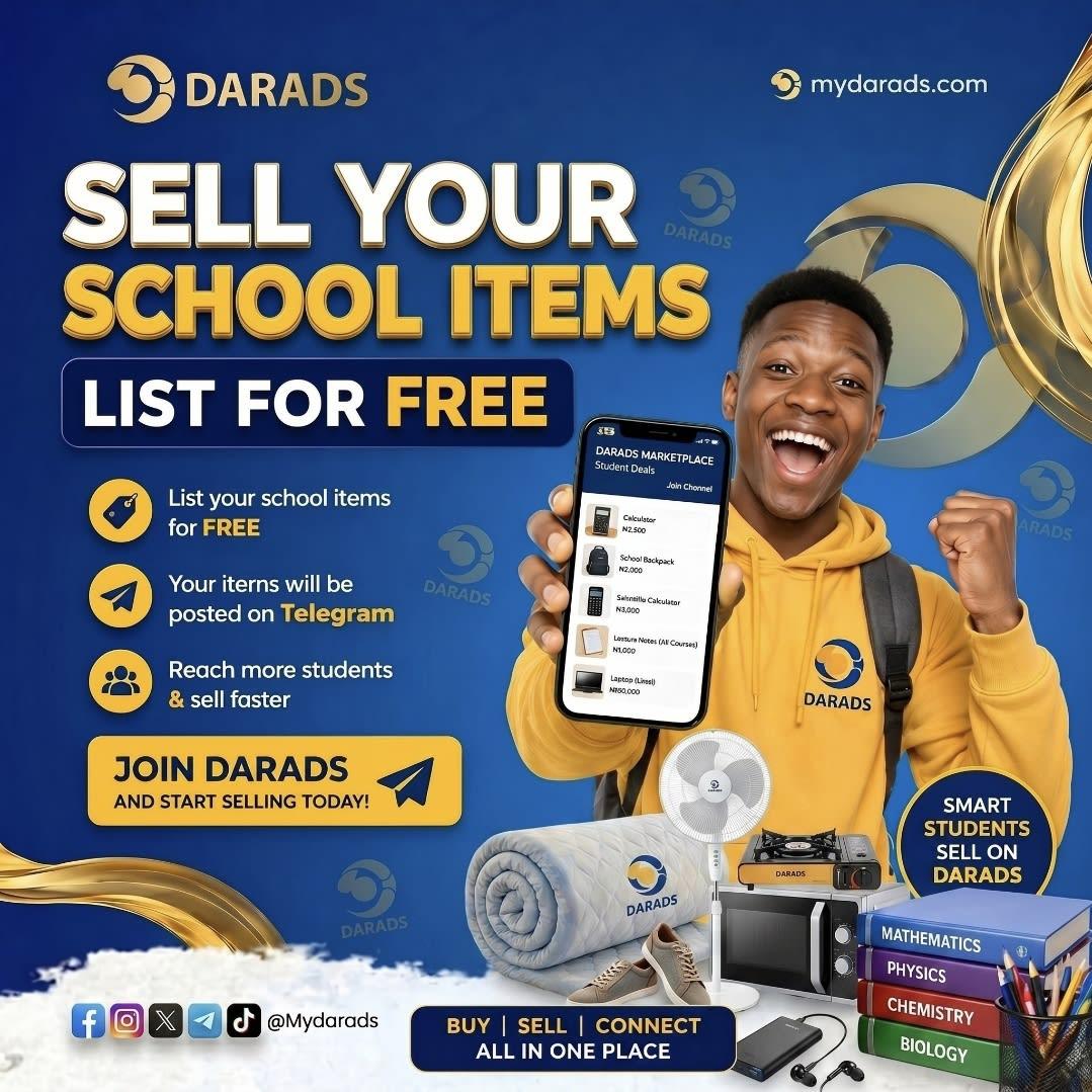 FUSSSSU's tweet photo. Got school stuff wey you no dey use? Sell am FREE on Darads!
List today, e go post for Telegram, students go rush am sharp sharp 💰
Smart students dey sell on Darads!
Join: https://t.co/Nis93VTDTh https://t.co/AqHvirQrFB