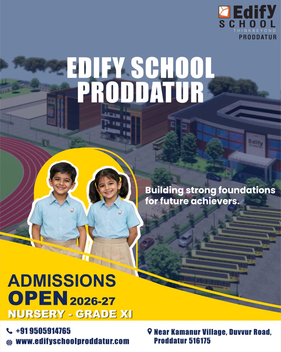 EdifyProddatur's tweet image. Building strong foundations for future achievers
𝗔𝗱𝗺𝗶𝘀𝘀𝗶𝗼𝗻𝘀 𝗼𝗽𝗲𝗻 𝟮𝟬𝟮𝟲–𝟮𝟳

#EdifySchool #AdmissionsOpen #FutureAchievers #Proddatur #HyderabadSchools #SchoolAdmissions #EducationMatters #CBSESchools #BackToSchool #ParentingGoals #EnrollNow