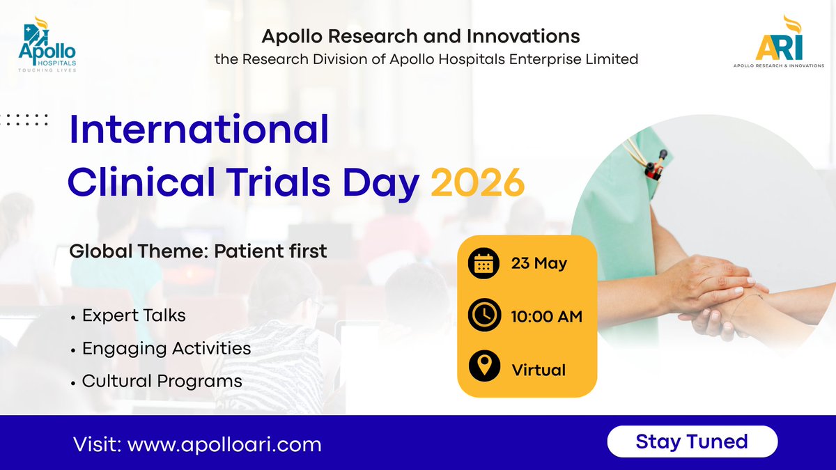 ARI_Apollo's tweet photo. Stay tuned!

This 23 May, 10 AM, Apollo Research and Innovations (ARI) celebrates International Clinical Trials Day, virtually.

Mark your Calendars. Don’t miss it. Details coming soon!

#InternationalClinicalTrialsDay #ClinicalResearch #ARI https://t.co/Ond2OCJQxI
