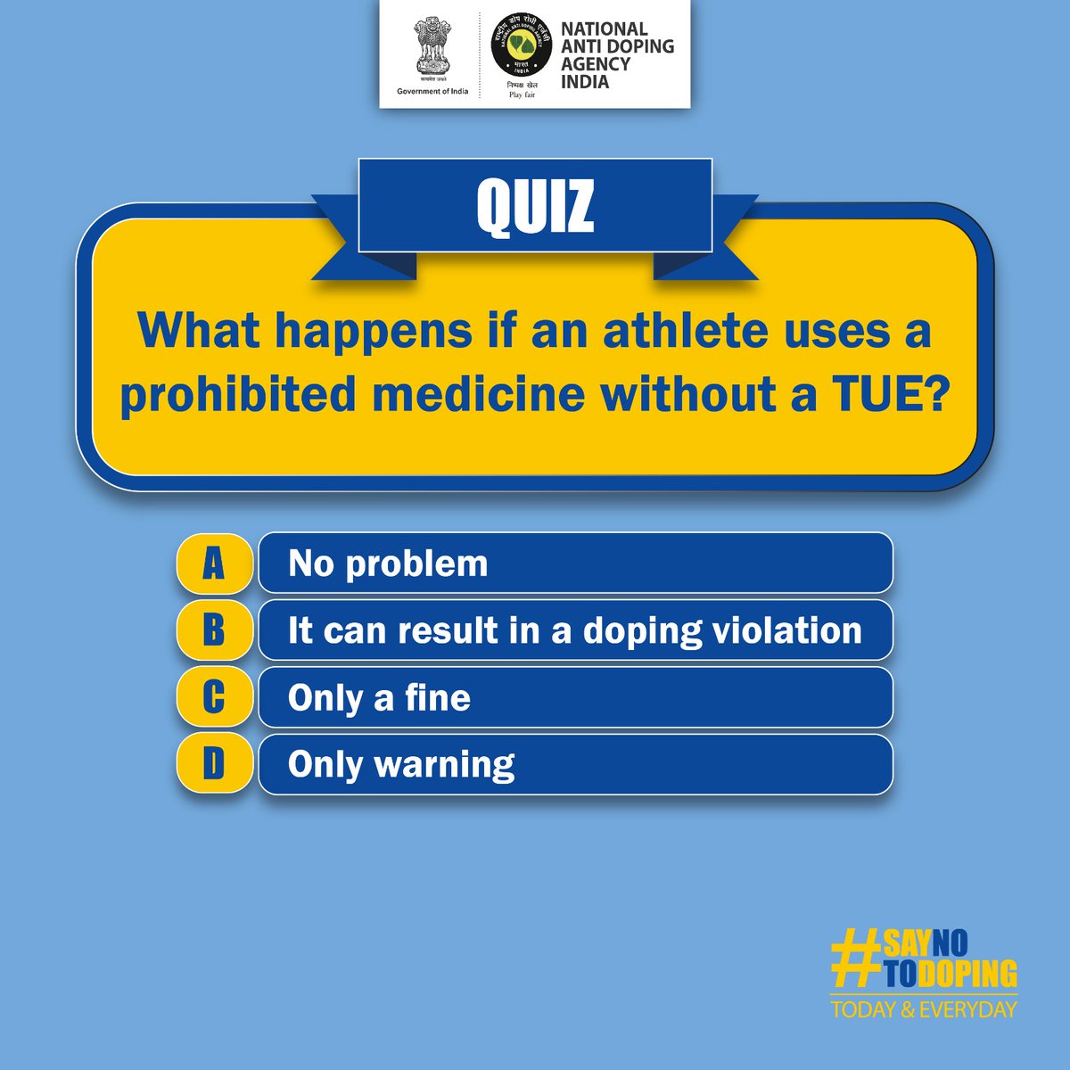 NADAIndiaOffice's tweet image. Put your knowledge to the test and see how well you understand anti-doping.

@wada_ama
@PIBHomeAffairs
@Media_SAI
@kheloindia
@YASMinistry
@FitIndiaOff
@IndiaSports

#QuizTime #TestYourKnowledge #DidYouKnow #StayInformed #SportAwareness