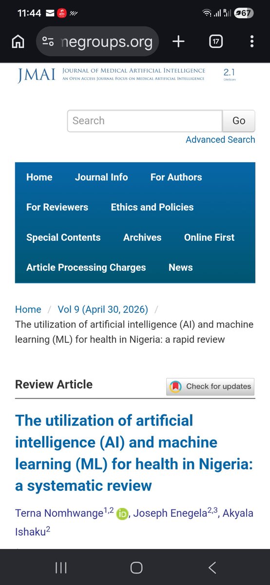 ENNYNITE's tweet image. *Publication_alert* 📢
Our review documents the use of AI for health in Nigeria
⬇️
The utilization of artificial intelligence (AI) and machine learning (ML) for health in Nigeria: a rapid review 
jmai.amegroups.org/article/view/1… 

#AI 
#health 
#Nigeria 
#Global_South