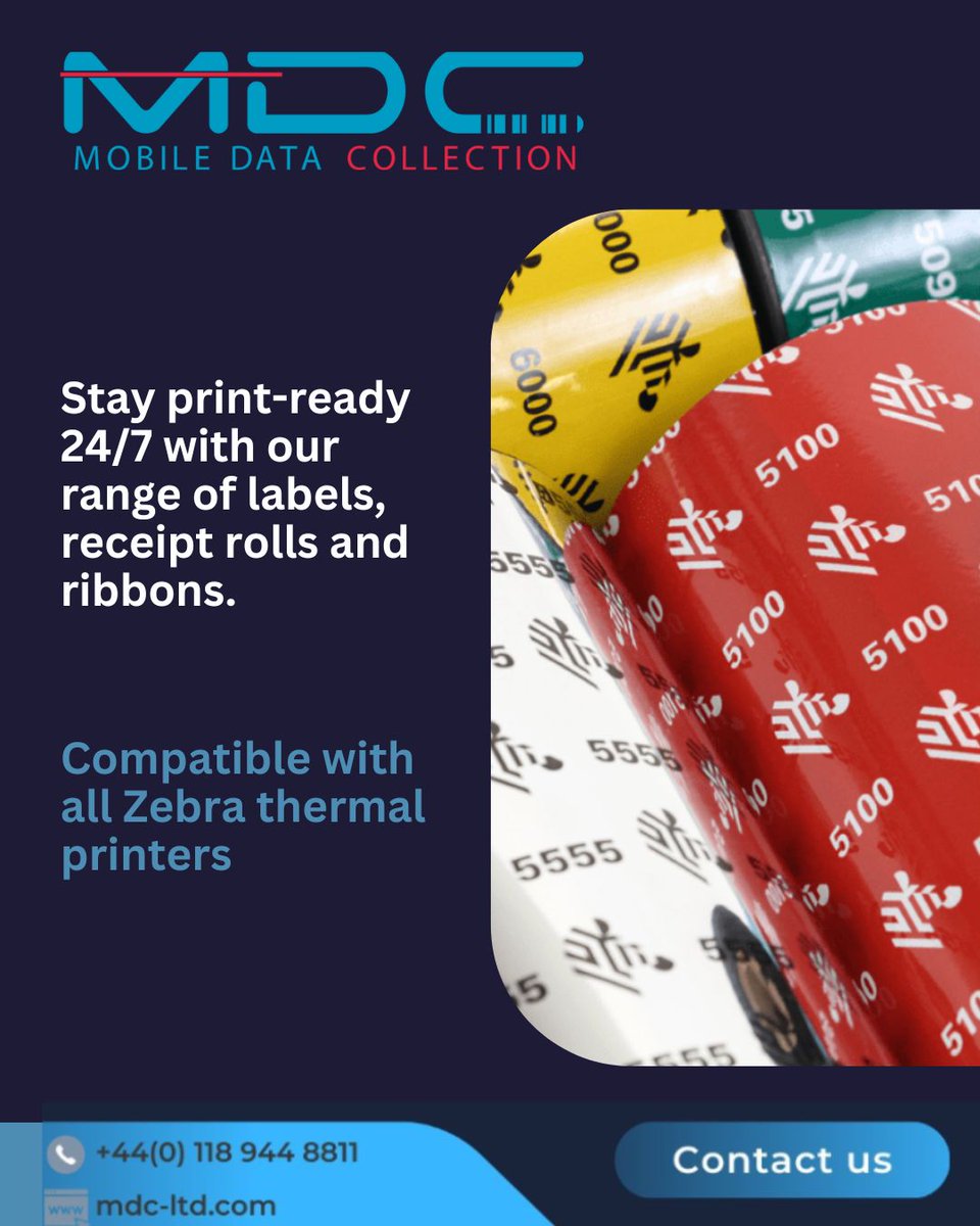 WeAreMDCLtd's tweet image. Stay print-ready 24/7 with our range of labels, receipt rolls and ribbons. Zebra IQ Media lets you print colour labels on demand with direct thermal ink technology.

#businessowner #businesssuccess #retailtech #autoid #labelprinting

@technology