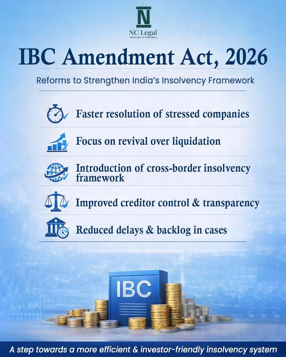 NCLegal_'s tweet photo. India’s insolvency framework is evolving.

The IBC Amendment Act, 2026 focuses on faster resolutions, fewer delays &amp; stronger creditor roles. With revival over liquidation and added transparency, it aligns India with global best practices. https://t.co/BaE2IKcUT7