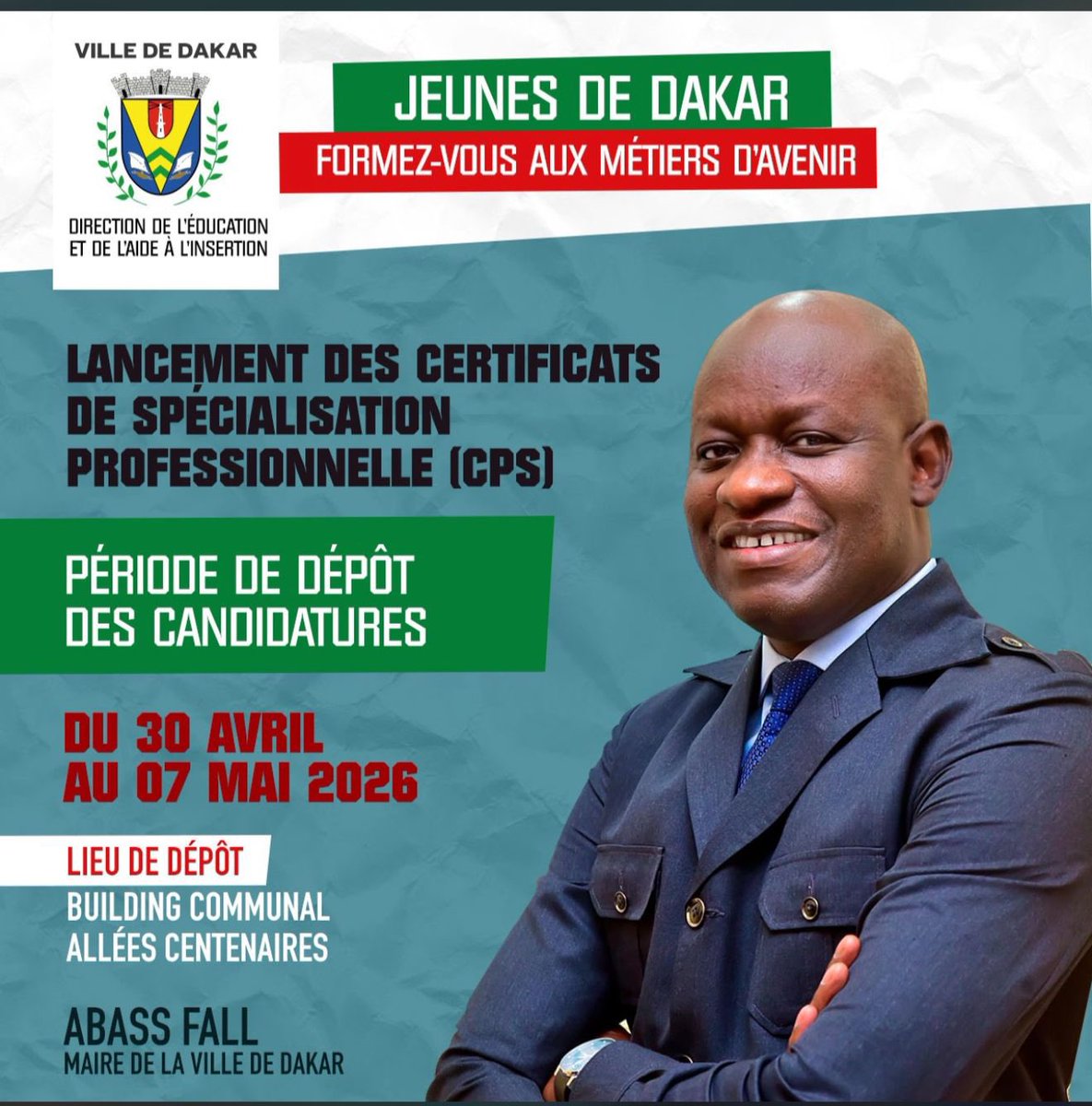 Noo_IDcard's tweet photo. ‼️ Ville de Dakar : Lancement des certificats de spécialisation professionnelle 

Du 30 Avril au 07 mai 2026

BTP
⚡ Énergies (solaire & électricité)
💻 Numérique (cybersécurité, IA)
🍽️ Restauration & pâtisserie
🚗 Mécanique automobile
🔒 Sécurité électronique
🛠️ Soudure, métallerie, et plus encore…

📅 Dépôt des candidatures : du 30 avril au 07 mai 2026
📍 Lieu : Building communal

🎯 Conditions :

Demande adressée au Maire de Dakar
Copie de la CNI avec adresse à Dakar

⚠️ NB : Non éligible si vous avez bénéficié d’une bourse de la Ville ces 3 dernières années.