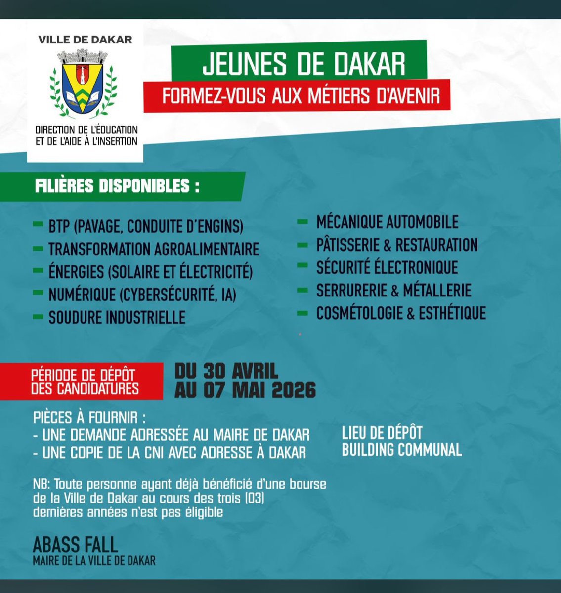 Noo_IDcard's tweet photo. ‼️ Ville de Dakar : Lancement des certificats de spécialisation professionnelle 

Du 30 Avril au 07 mai 2026

BTP
⚡ Énergies (solaire & électricité)
💻 Numérique (cybersécurité, IA)
🍽️ Restauration & pâtisserie
🚗 Mécanique automobile
🔒 Sécurité électronique
🛠️ Soudure, métallerie, et plus encore…

📅 Dépôt des candidatures : du 30 avril au 07 mai 2026
📍 Lieu : Building communal

🎯 Conditions :

Demande adressée au Maire de Dakar
Copie de la CNI avec adresse à Dakar

⚠️ NB : Non éligible si vous avez bénéficié d’une bourse de la Ville ces 3 dernières années.