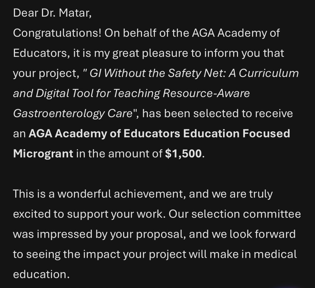 ReemMatar96's tweet image. Honored to share that my project, “GI Without the Safety Net: A Curriculum and Digital Tool for Teaching Resource-Aware Gastroenterology Care,” has been selected for the AGA Academy of Educators Microgrant Award.

#Gastroenterology #MedicalEducation #HealthEquity #AGA #Innovation