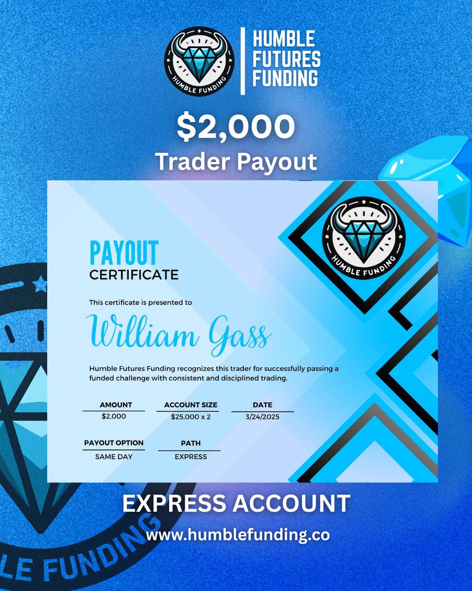HumbleFunding's tweet photo. Big wins for the Humble community! 💎 We are incredibly proud to recognize these disciplined traders for successfully navigating their funded challenges and securing their payouts.

Congratulations to our latest round of funded traders:

Scott Galloway – $5,000 Payout (Instant Account)

Brianna Maddens – $2,500 Payout (Express Account)

Supriyo Datta & William Gass – $2,000 Payouts (Express Account)

Lillian Moller – $1,750 Payout (Express Account)

Consistency pays off. Ready to start your own journey? 🔗 Visit us at: https://t.co/UgIlPPf1vL