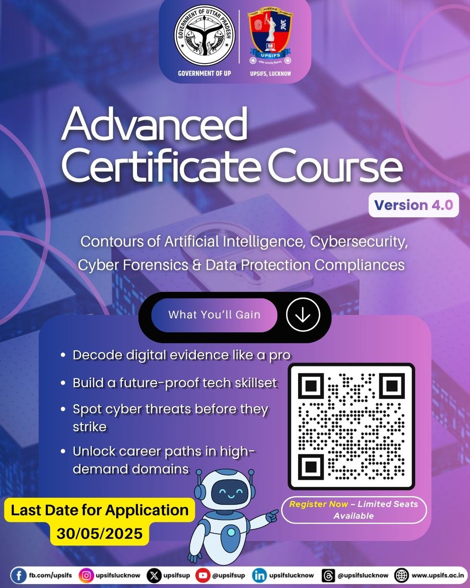 upsifsUp's tweet image. Decode the future. Defend the digital world. 🚀
Step into AI, Cybersecurity &amp;amp; Cyber Forensics—where skills meet real-world impact.

⚡ Limited seats. Big opportunities.
Scan. Register. Transform.

#UPSIFS #AdmissionsOpen #CyberSecurity #ArtificialIntelligence #CyberForensics