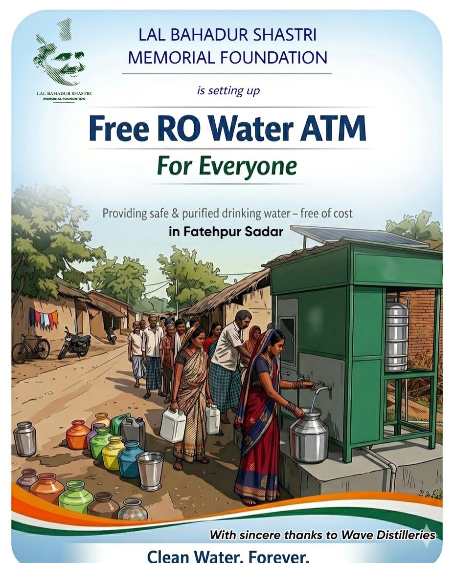 LalMemorial's tweet photo. Keeping alive the values of former PM Late Shri Lal Bahadur Shastri ji, the Lal Bahadur Shastri Memorial Foundation is setting up a Free RO Water ATM in Kusumbhi, Fatehpur (UP), ensuring safe drinking water for all- free, forever. Supported by Wave Distilleries &amp; Breweries Ltd. https://t.co/oBzPRZl0CM
